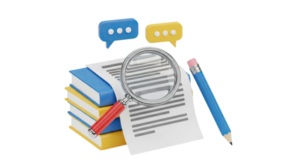 Research and Analysis Concept with Books, Magnifying Glass, Pencil, and Chat Bubbles
