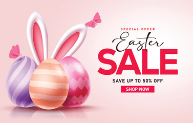 Easter Sale clipart design. Easter sale special offer shopping discount with colorful Easter egg and bunny ears in pink background seasonal promo clip art advertisement banner card template vector 