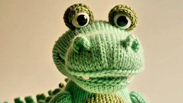 Cute Crochet Crocodile Blinking Eyes on Neutral Background Video

