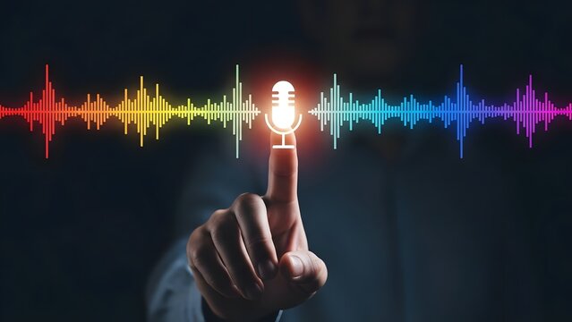 Hand touching a glowing button with a multicolored sound wave in the background - Powered by Adobe