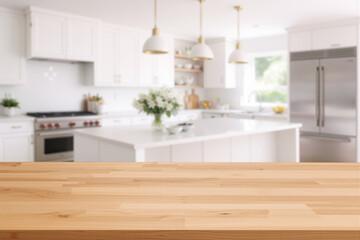 Empty wooden table surface with blurred modern white kitchen in background. Clean bright interior, natural light, perfect mockup space for product display or food presentation