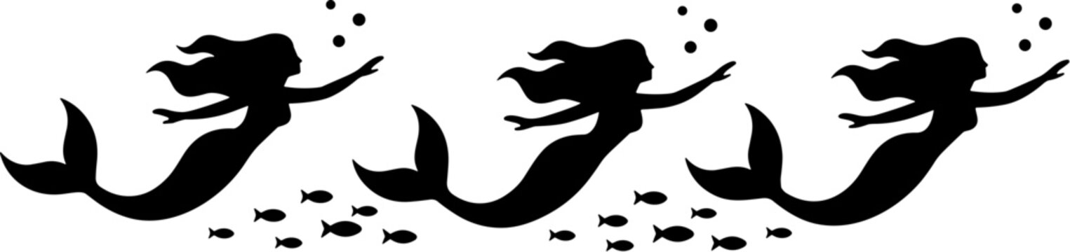 Simple Silhouette Mermaid with Fish and Bubbles Elegant Illustration Icon