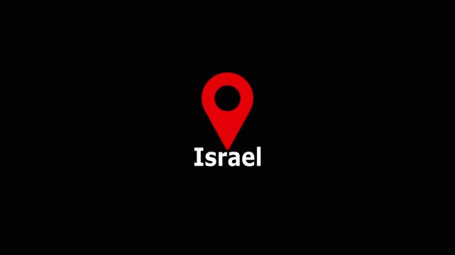 Israel map location pin animation. Country location pin pointer icon animated on black background, GPS location tracking animation.