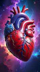 Anatomical heart with a blue cat perched on it against a vibrant cosmic nebula background