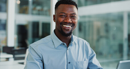 Human resources, portrait or black man in office with smile, confident or professional for talent acquisition. Happy, recruitment or manager with pride for onboarding, we are hiring or opportunity