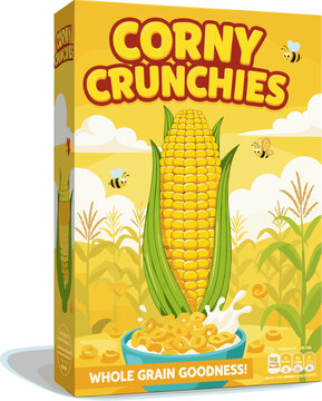 Bright Cartoon Cereal Box with Corn and Rings Advertisement Illustration