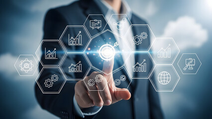 Business Person Interacting with Digital Interface for Data Analysis and Strategic Business Planning, Representing Future Technology and Innovation