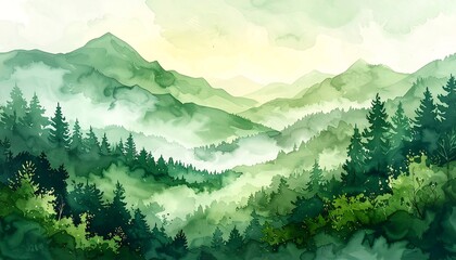 Watercolor landscape depicts rolling, layered mountain ranges with lush green forests and a misty ambiance under a pale, sunny sky