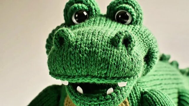 Cute Crochet Crocodile Blinking Eyes on Neutral Background Video
