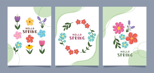 Hello Spring greeting clipart poster set. Hello Spring greeting card with colorful drawing flowers outline clip art collection in white abstract background springtime floral poster design template