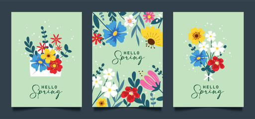Hello Spring green greeting card clipart poster set. Spring greeting text with colorful flowers bouquet and border design clip art collection for springtime green invitation card template vector