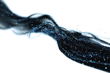 Dark blue liquid with sparkling particles flowing dynamically