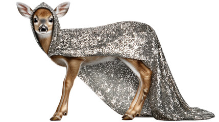 Obraz premium Adorable Young Deer Wearing Shimmering Glitter Cape in Mystical Forest Setting