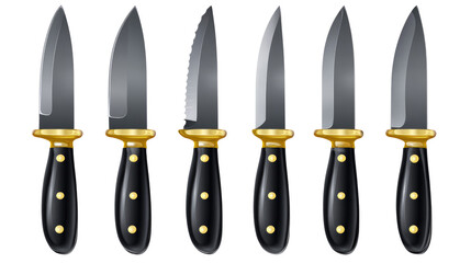Set of six kitchen knives with sleek silver blades and black handles showcasing modern design and craftsmanship for culinary enthusiasts