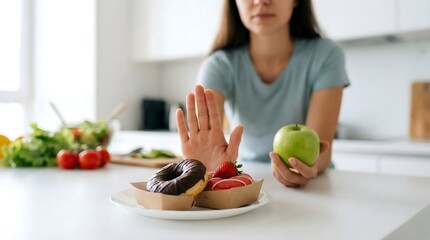 Woman refusing unhealthy sugary donuts while holding a green apple,concept of healthy eating,choice,discipline,and wellness