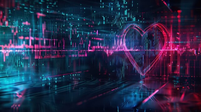 Futuristic digital heart concept for valentine day celebration. Horizontal banner. Copy space. Free space for text. For wedding card, invitation