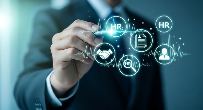 Human resources technology concept a professional interacting with digital interfaces