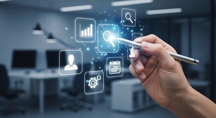 Digital interface and hand interaction representing modern technology and data analysis