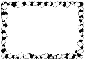 Fototapeta premium モノクロの手描きハートが可愛い背景イラスト・小さいハートで囲まれた四角いハートフレーム・ペン画風