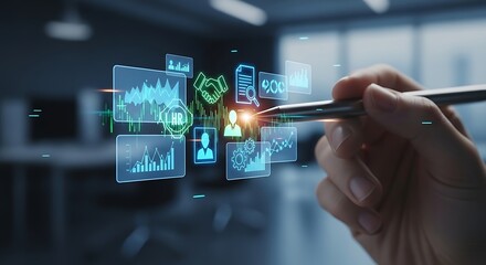 Digital interface with data visualizations and a hand interacting with a stylus