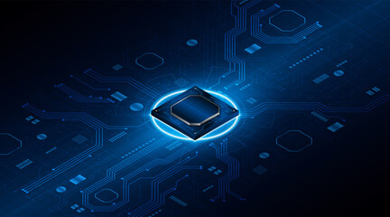 Microchip processor circuit board technology on dark blue background. Information Processing Concept. Circuit board hi-tech technology background. vector illustration