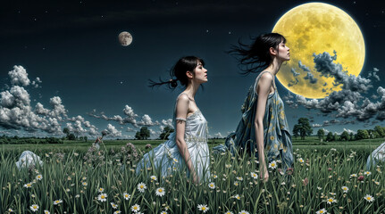 two female sitting cross-legged in a field with tall grass, wearing a black dress, and looking up at a large, bright yellow full moon in the night sky.