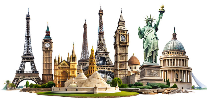 World landmarks and famous monuments photo collage isolated on white background, PNG. AI Generated