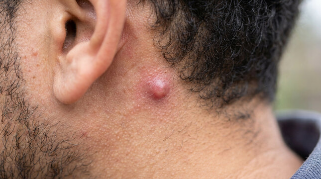 Close-up of a red, swollen, and inflamed skin cyst or boil on the back of a man's neck near his ear