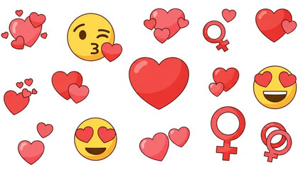 Collection of romantic heart icons and winking emoji faces symbolizing love and affection for Valentines Day or relationship concepts flat vector illustration