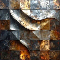 Abstract tile art with curved silver/gold waves and varied earthy color blocks, arranged in a square grid