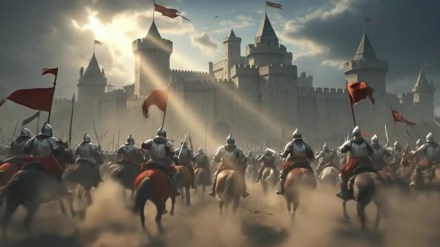 Saladin leading his elite armored army into a dramatic medieval battle