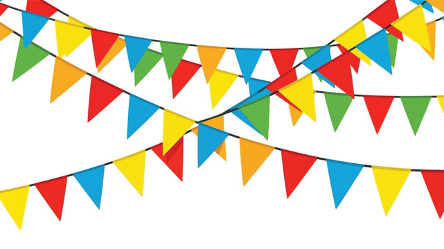 Vibrant color paper triangular flags strung together on two parallel strings against a clean white background with a festive atmosphere.