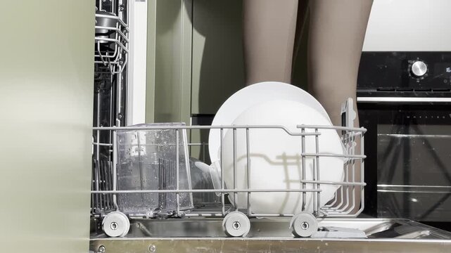 Person pulls out the lower dishwasher rack and removes clean plates after the wash cycle. Dishes are
