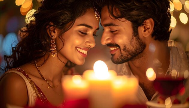 Pareja enamorada sonriendo juntos a la luz de las velas en un ambiente &iacute;ntimo