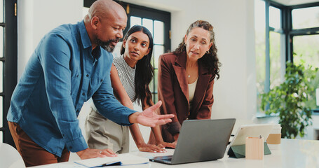 Group, meeting and project with laptop, office and planning for ad campaign on web and productivity. Colleagues, talking and people with tech for digital marketing, collaboration and brand awareness