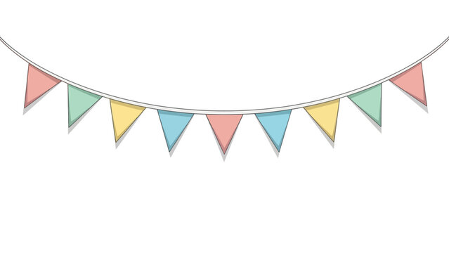 Colorful paper triangular flags hanging on a string against a clean white background.