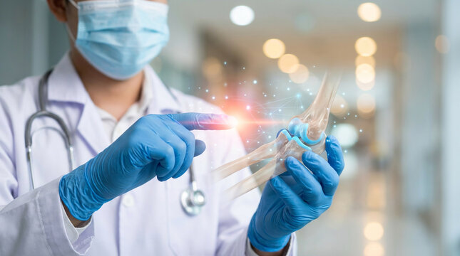 Doctor in mask and gloves examining a glowing holographic 3D model of a human joint, representing advanced orthopedic medical technology and future healthcare innovation - Powered by Adobe