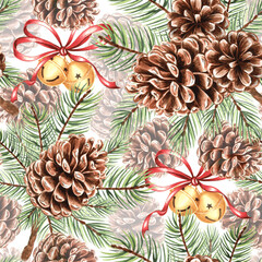 Fototapeta premium Watercolor pine branches with cones and round bells with bows seamless pattern for Christmas. Hand-drawn illustration spruce twig for winter holiday decor. Conifer plant natural background for textile