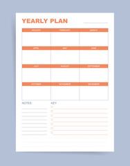 Yearly Plan Template with Monthly Boxes Notes and Key Sections, Clean Annual Organizer Layout for Personal Scheduling Goals and Planning, Printable Modern Planner Page in Orange Minimal Style Vector