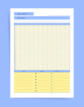 Year Planner Goal Overview Template with Monthly Table and Notes Section, Clean Annual Planning Layout for Goals Tasks and To Do Lists, Printable Productivity Organizer Page Vector Design