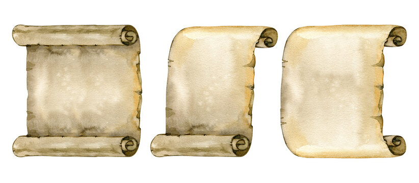 Hand-painted watercolor set of antique parchment scrolls with rolled edges and aged paper texture. A versatile vintage collection perfect for historical designs, manuscripts, fantasy stories