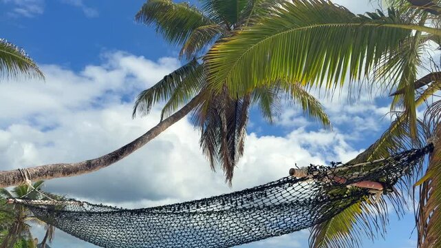 Slow motion footage of hammock between 2 coconut palm trees on white sandy beach on low tide, Mahe Seychelles 25fps 003.