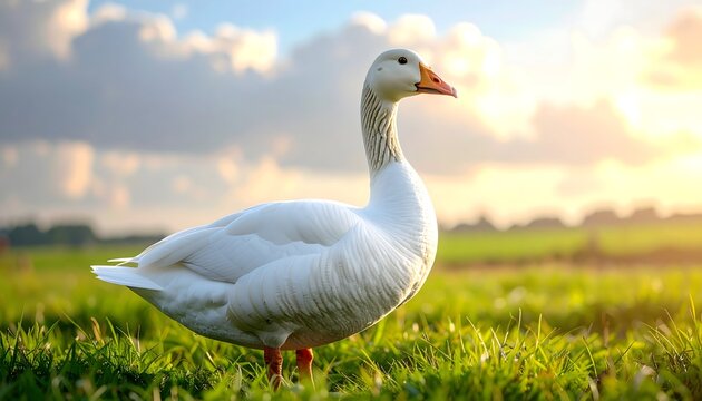 Oca blanca caminando sobre hierba verde al atardecer en paisaje rural