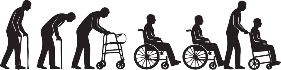 Fototapeta premium Elderly Mobility Silhouettes Stages of Aging and Disability Icons Set Isolated