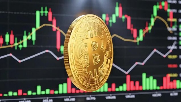 3D gold Bitcoin spinning slowly in the center, with fluctuating trading graphs in the background. Shiny metal texture.