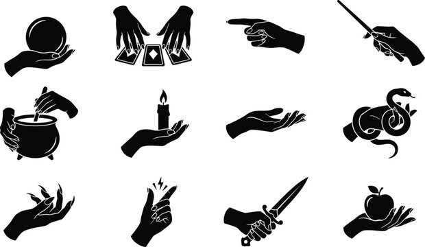 Magic Hand Silhouette Set - Witch Casting Spells, Holding Crystal Ball, Wand, and Tarot Cards

