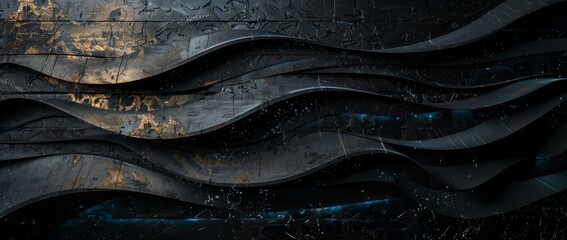 Artistic wave patterns in dark tones create a striking texture on a wooden surface in low light
