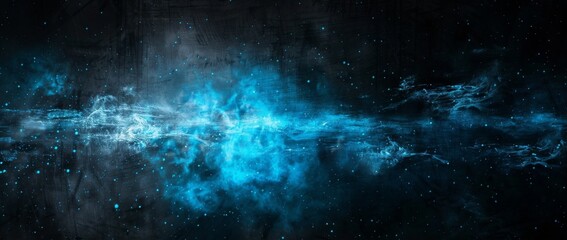Vibrant cosmic scene with swirling blue and black clouds amid distant stars in a night sky