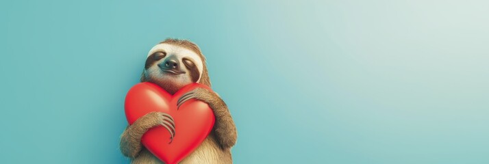 Fototapeta premium Cute 3D Rendered Sloth Hugging a Red Heart on a Light Blue Background with Copy Space, Symbolizing Love, Affection, and Tenderness