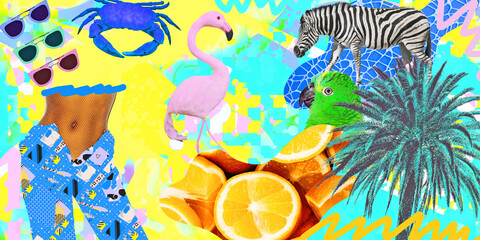 Creative summer vacation collage with woman and tropical beach elements.